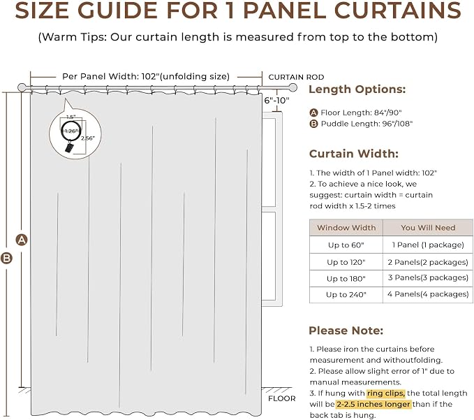 INOVADAY 100% Blackout Curtains for Bedroom, Cream Black Out Curtains 90 Inch Long, Clip Rings Linen Blackout Drapes, Thermal Insulated Room Darkening for Living Room, 1 Panel - W102xL90