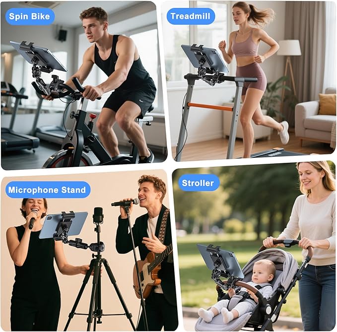 PLDHPRO Tablet Mic Music Holder for iPad Clamp Mount Stand, Microphone Tripod Treadmill Stroller Spin Bike Exercise Handlebar Accessories Compatible iPhone iPad Galaxy Tab 5.5-14.6'' Phones Tablets