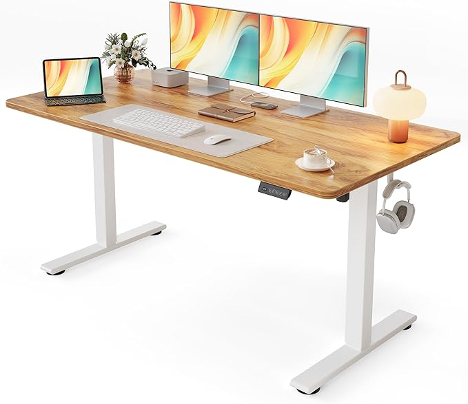 Cubiker Standing Desk, 55x28 Inches Sit Stand Home Office Desk, Electric Stand up Desk, Adjustable Desk with Splice Board, White Frame/Light Rustic Top