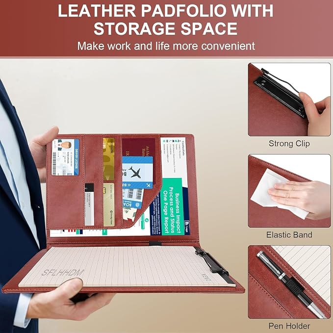 Padfolio Clipboard, Portfolio Organizer with Notepad, Premium PU Leather Clipboard Folder for Legal Pad, Versatile Clipfolio with Storage, Letter Size Document Holder for School Office