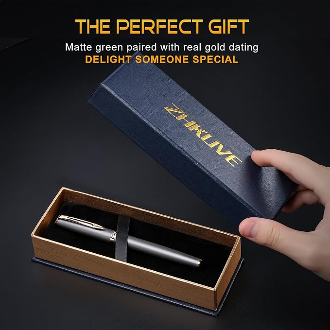 ZHKUVE Luxury Rollerball Pen, Stunning Gray Lacquer with 24K Gold Trim, Switzerland Tip with Black Ink Refills, Elegant Gift Set for Men & Women, Executive Writing