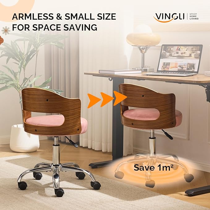VINGLI Armless Home Office Desk Chair, Adjustable Swivel Chair,Dual-Use with/no Wheels,Small Retro Designed Walnut Curved Task Chair,Cushioned Nail Tech Chair for Study Area,Workspace,PU,Pink