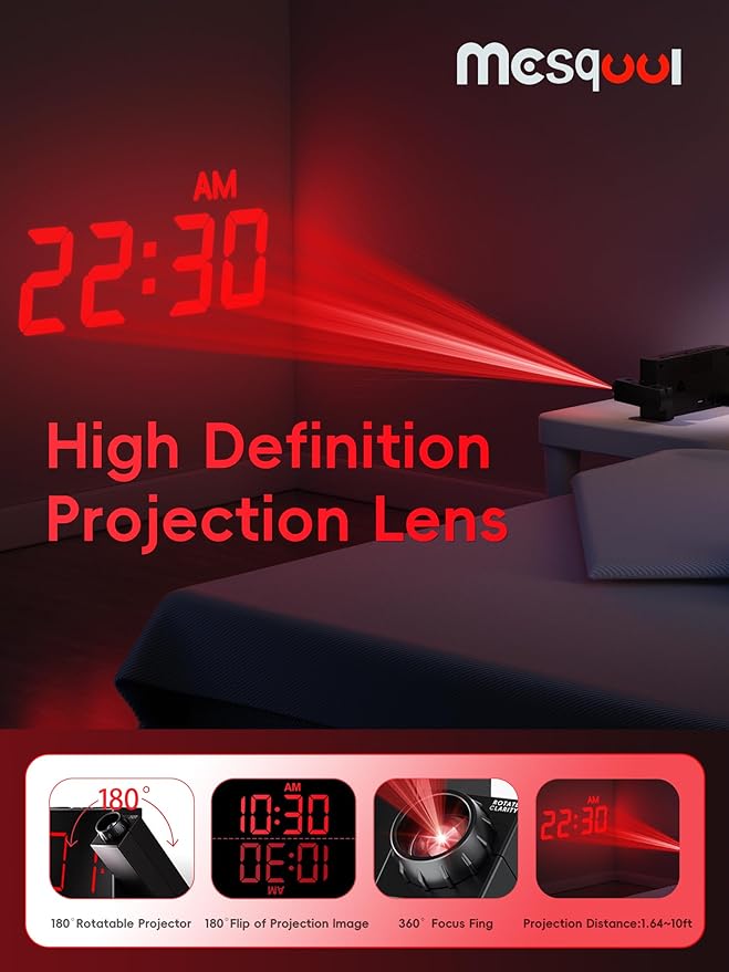 Mesqool Digital Projection Alarm Clock with Dual Alarms, 5 Levels Dimmer | 180° Rotatable Projector,12/24H & DST, Large LED, Snooze, with Battery Backup, Loud Alarm Perfect for Heavy Sleepers