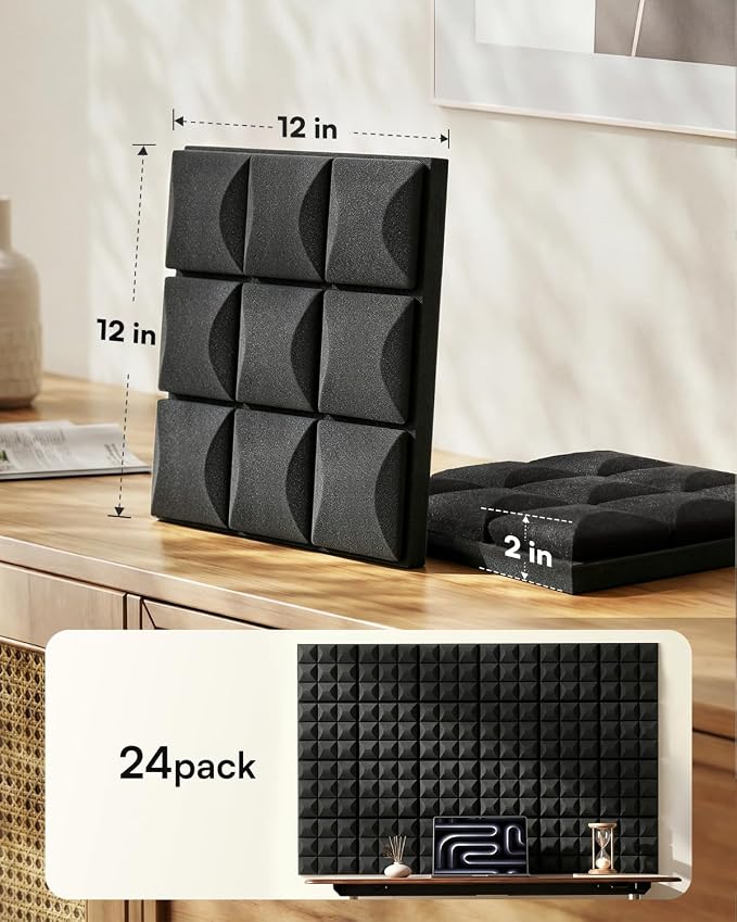 SODOCT 24 Pack Self-Adhesive Acoustic Foam Panels, 12 x 12 x 2 Inches Mushroom Shape, Sound Proofing Wall Panels, High Density Sound Absorbing Foam for Studio, Home Office, Recording (Black)