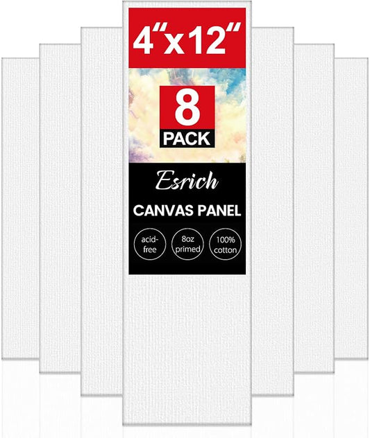 ESRICH Long Canvas for Painting, 8 Pack 4x12 Canvas Boards for Painting Cotton Primed Acid Free Blank Canvas Panels for Oil Paint, Watercolor, Acrylic Paint, Gouache and Tempera.
