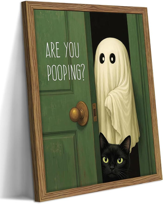 Funny Halloween Bathroom Wall Art, Vintage Cute Ghost Cat Canvas Wall Decor Paintings, Funny Are You Pooping Artwork Poster Print Picture for Bathroom Restroom 8x10 Inch Framed