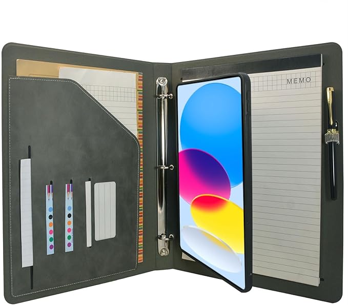 Tablet Organizer Portfolio Case with 3-Ring Binder, Binder Padfolio File Folder with Removable Tablet Holder, Compatible with iPad (A16) 11th Gen 2025 / iPad 10th Gen 2022 (Gray)