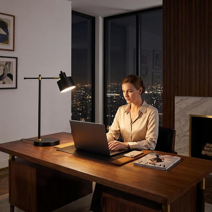 OYEARS 22.2" Modern Desk Lamp, Metal Table Lamp with LED Bulb, Adjustable Reading Lamps for Living Room, Mid Century Task Lamp for Home Office, Industrial Bedside Lamps with Solid Base,Black