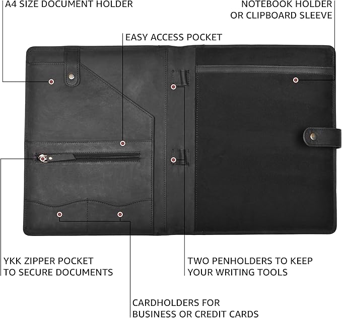Genuine Leather Portfolio – Sleek Black Professional Organizer & Resume Folder, Antique Leather Business Document Padfolio with Writing Pad, Ideal Gift for Men & Women