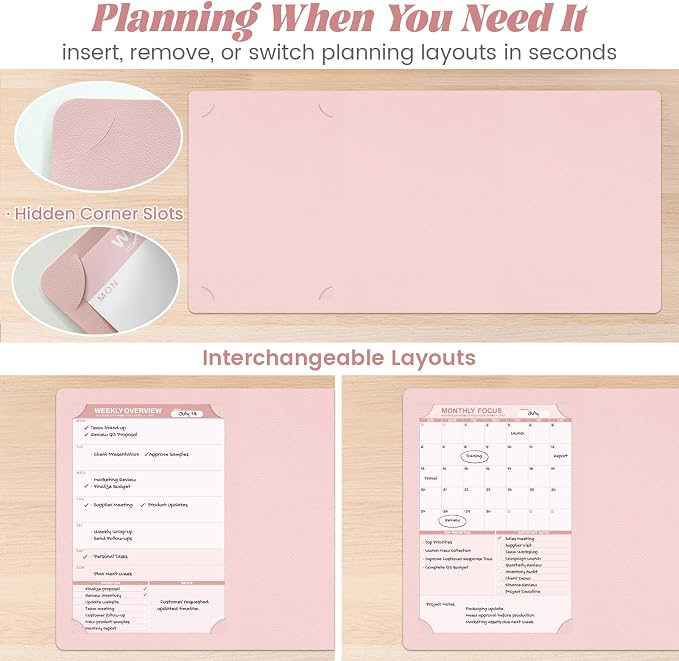 Large Pink Dry Erase Desk Mat with Weekly & Monthly Dry Erase Planners | Reversible Dual-Texture Desk Pad with Interchangeable Planning Pages,Faux Leather Desk Mat for Office-16"x34"