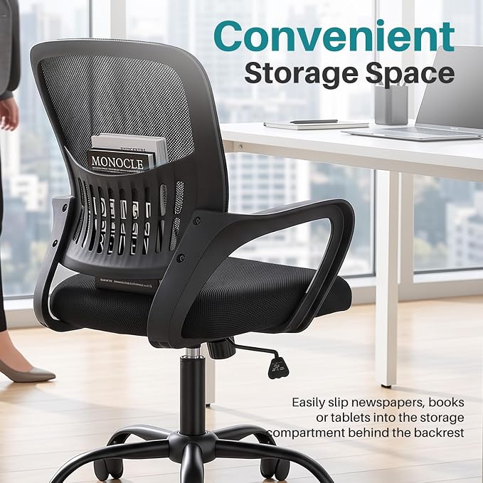 OLIXIS Ergonomic Office Desk Chair, Executive Mid-Back Computer Chair with Comfortable Lumbar Support & Rocking Mode, Height Adjustable with Fixed Armrest, 360° Swivel, for Adults, Black