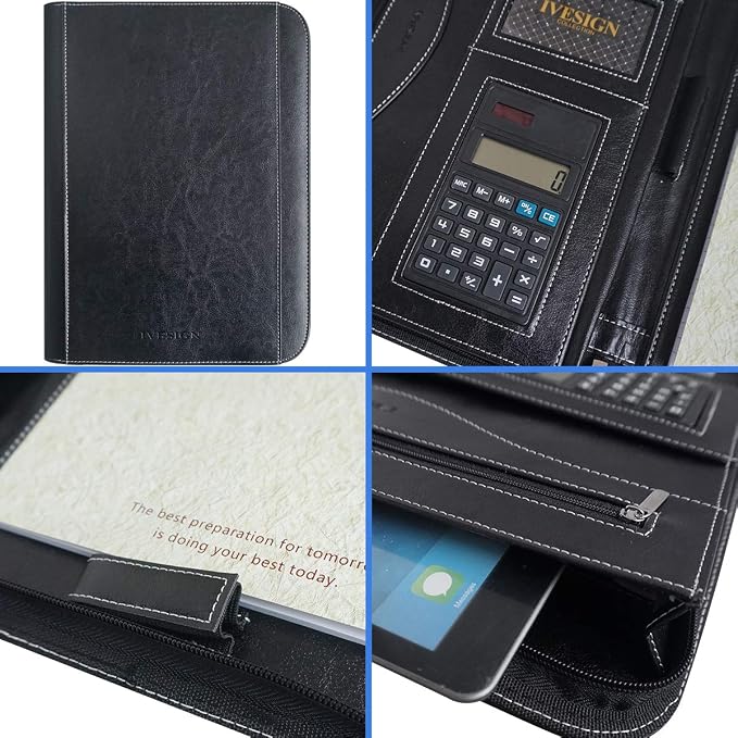 Faux Leather Portfolio Padfolio Organizer with Calculator, Writing Pad, Zipper Closure, Tablet Sleeve, Clipboard with Storage, Document Organizer, Business Card Holder, Note Pads-Black