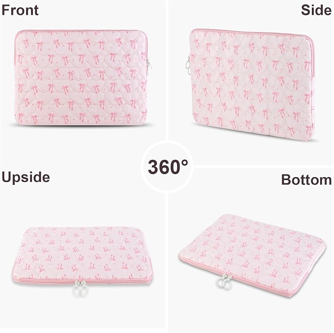 Cute Bow Puffy Laptop Sleeve 13-15 Inch Cute Quilted Laptop Protective Case Padded Bow Computer Sleeve for MacBook