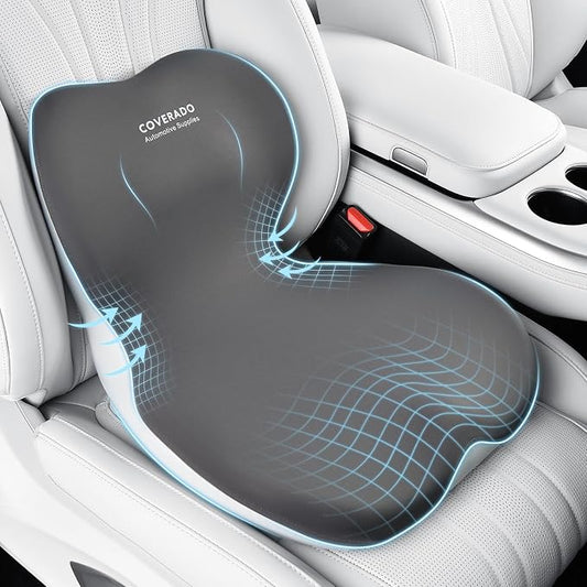 Coverado Car Seat Cushion and Lumbar Support Pillow One Piece, Memory Foam Ergonomic Back Support Driving Seat Cushion for Back Pain, Non-Slip Washable Cushion for Car, Driver, Office