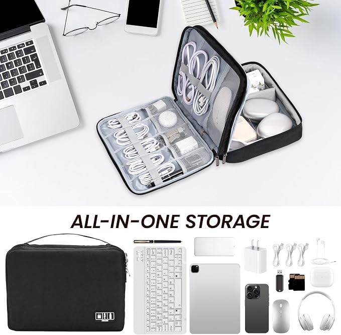 Large Electronic Organizer Travel Case, Double Layer Tech Accessories Bag with 3 DIY Adjustable Dividers, Waterproof Padded Cable Storage Pouch for Camera Gear, Power Bank, Hard Drive, Mouse