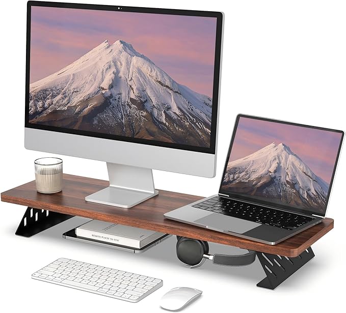 Fenge Monitor Stand Riser, 31.5 Inch Desk Top Shelf for 2 Monitors, Computer Stands for Desk, Wood & Steel Desktop Riser for Laptop, PC, Printer