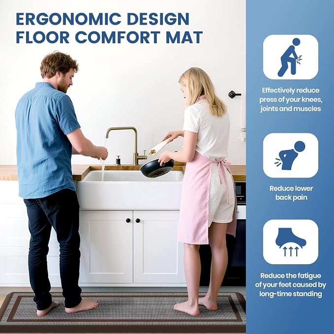 KitchenClouds [2 PCS Kitchen Rugs Cushioned Anti-Fatigue Kitchen Mats for Floor Waterproof Kitchen Rug Set Non-Slip Comfort Standing Mat for Office, Sink, Laundry 20"×30"+20"×60",Chocolate