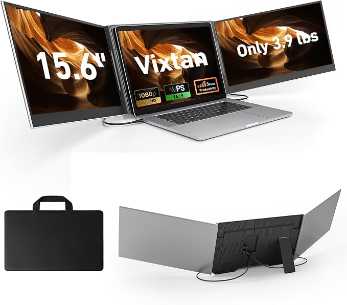 Vixtan 15.6" Triple Laptop Screen Extender, Ultra-Thin FHD IPS Portable Monitor for Laptop, USB-C Plug & Play Multi Screen Attachment for 13-17.3" laptops with Windows/Mac/Chrome