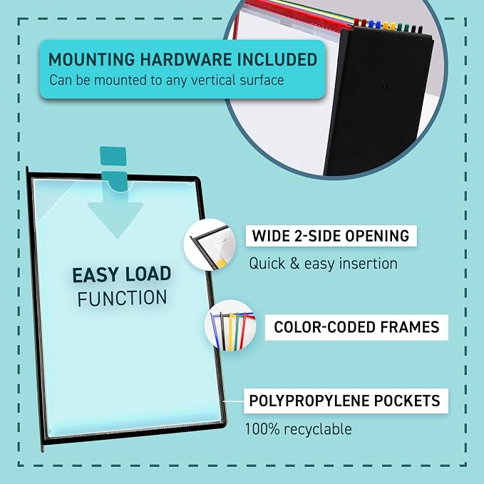 Tarifold Wall Mount Reference System for Letter Size Documents, 10 Double-Sided Pockets, 20 Sheet Capacity, Easy Load Design, Durable Polypropylene, Made in Denmark, Assorted Colors