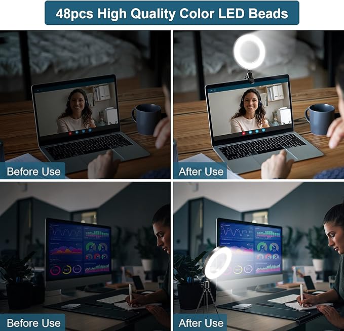 Video Conference Lighting Kit, LED Ring Light for Webcam Lighting, 3 Light Modes & 10 Dimmable Brightness Levels, for Virtual Meeting, Remote Working, Broadcasting, Live Streaming, Makeup