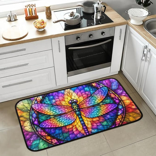 Dragonfly Kitchen Mats Cushioned Anti Fatigue Kitchen Rugs Non-Slip B-1 | Dragonfly Glass Painting Non-Slip Standing Desk Mat, Absorbent Kitchen Rug for Floor, Kitchen, Office, Sink, 20"×39"