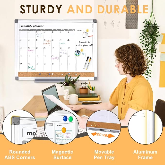 MAKELLO Dry Erase Calendar for Wall 36" x 24", Large Calendar Whiteboard with Cork Board for Office, Home, School, Family, Kitchen and Bedroom, 3' x 2' | 3' x 2', Magnetic, Cork Board, Wall Mount, Pin Board, Large Calendar Whiteboard for Wall, Home, Fa...
