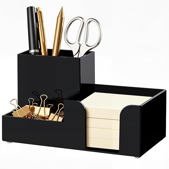 HBlife Acrylic Pen Holder for Desk, 3-Compartment Small Desk Organizer, Black Office Supplies Desk Accessories with Sticky Notes Holder Stores Post It Notes 3X3 for Office, Home and School