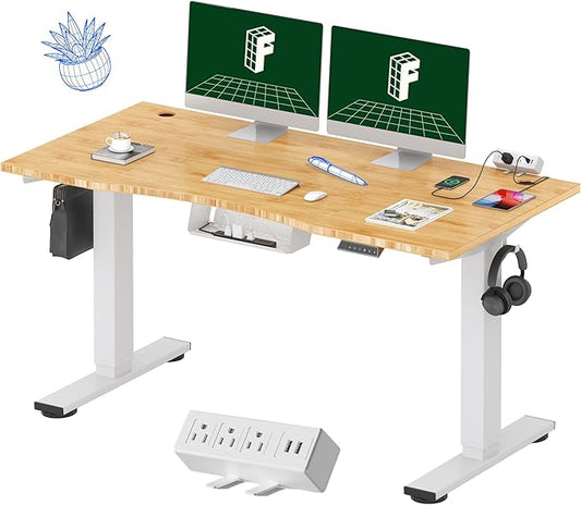 FLEXISPOT EN2 Whole-Piece Bamboo Standing Desk Clamp Power Strip, 55 x 28 Electric Stand Up Height Adjustable Desk with Cable Management (Grey Frame + 55" Bamboo Top, 2 Packages)