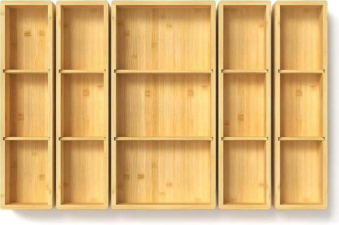 DUJEN 5 pieces Bamboo Drawer Organizer, Adjustable 3 Individual Junk Drawer organizer for Bathroom and Kitchen, Wood Drawer Organier Boxes for Jewellery, Make up and Tea Bag
