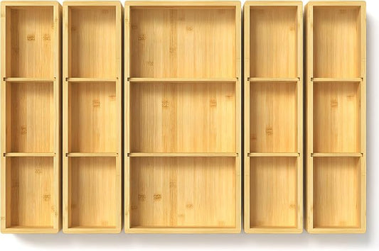 DUJEN 5 pieces Bamboo Drawer Organizer, Adjustable 3 Individual Junk Drawer organizer for Bathroom and Kitchen, Wood Drawer Organier Boxes for Jewellery, Make up and Tea Bag