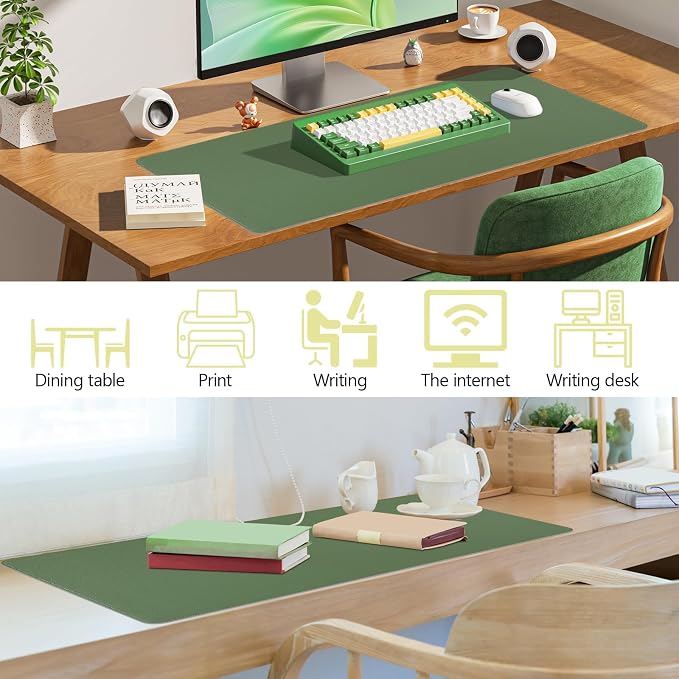 Green Leather Desk Pad Large Mouse Pad, 35.4"x17" | Waterproof Desk Mat for Keyboard and Mouse, Non-Slip Computer Desk Protector, Smooth Mouse Control for Home Office