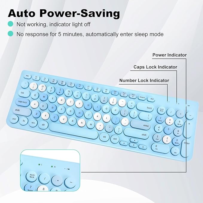 Wireless Keyboard and Mouse Combo, Retro Typewriter Keyboard with Round Keycaps, 2.4GHz USB Cute Wireless Keyboard Mouse for Computer, Desktop, Laptop (Blue Colorful)