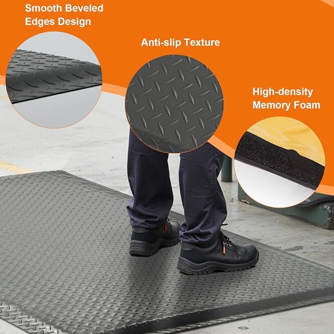 Nisorpa Anti Fatigue Mats Industrial 3' x 5' Ergonomic Standing Mat 15/16" Extra Thick Shop Floor Mat Kitchen Mats Heavy Duty Commercial Diamond Plate Support for Leg & Back Pain,Grey