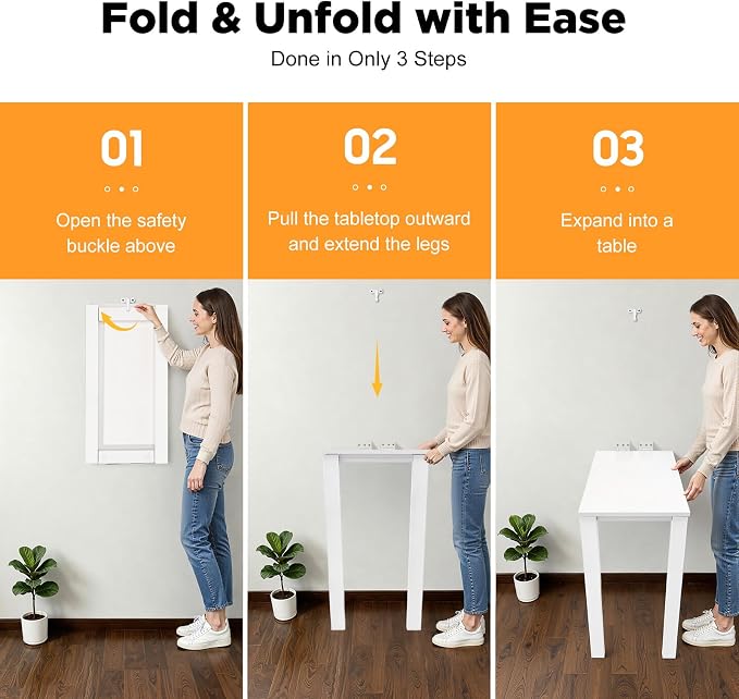 Wall Mounted Folding Dining Table, 30in L Wood Drop-Leaf Desk With Support Legs, Thickened Plate & Bearing Capacity 132lbs For Small Space, Laundry, Dining Room, Bedroom, Home Office. (White)