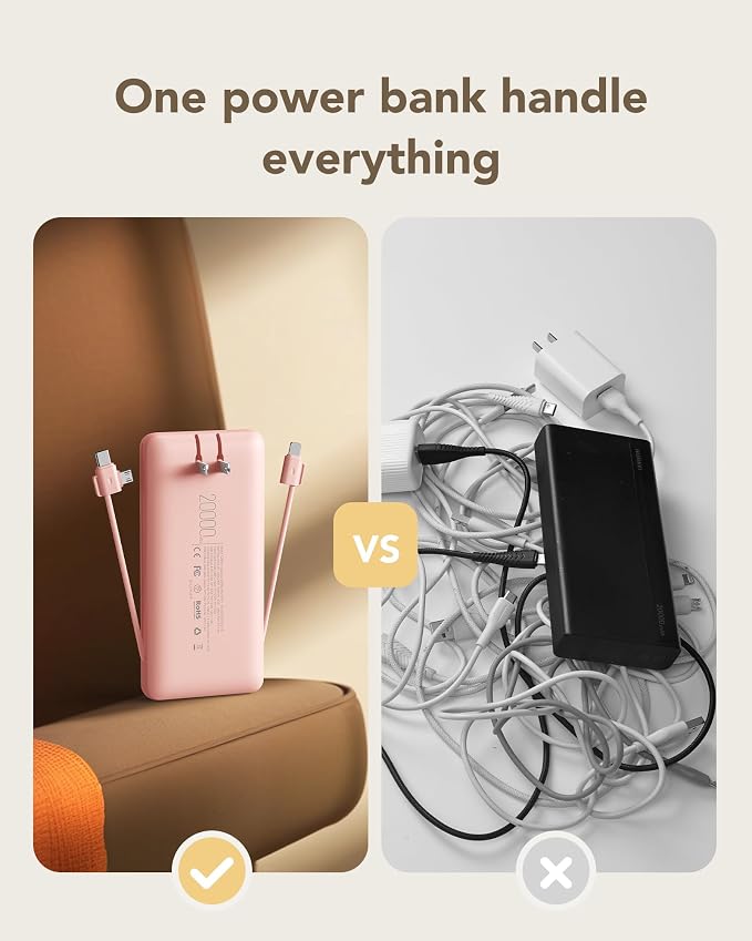 charmast Portable Charger with Built-in Wall Plug and Cables, 20000mAh Power Bank Travel Essentials, 20W Fast Charging Battery Pack Compatible with iPhone 17/16/15/14/13/12/11, Samsung, Android