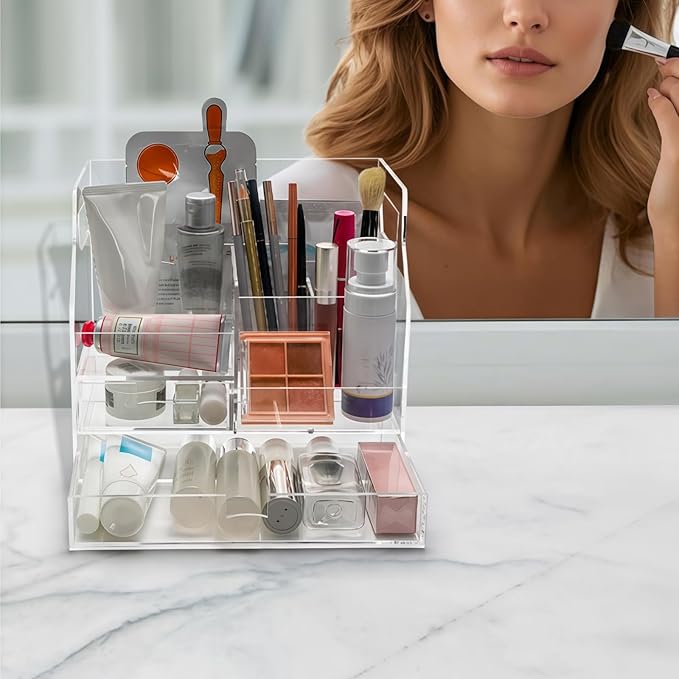 Acrylic Desk Organizer with 2 Drawers, Clear Office Drawer Organizer with Handle, Pencil Pen Holder Storage Desktop Accessories 7 Compartments for Home Makeup Magazine File Art Supply