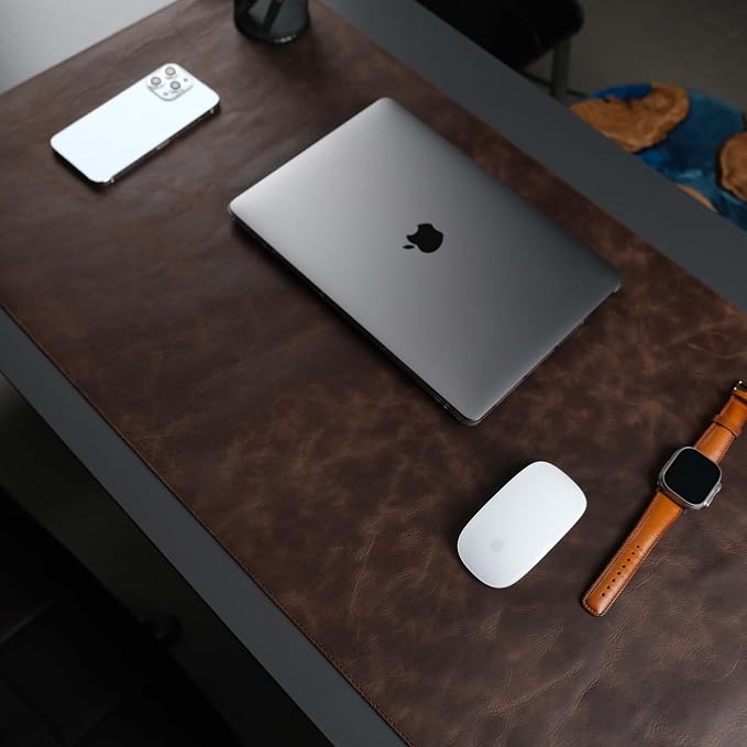 Jersey Genuine Calfskin Leather Desk Pad, Office Desk Mat with Non-Slip Bottom, Smooth Surface for Mouse & Keyboard, Desk Protector (36x19 inches) (Dark Brown)