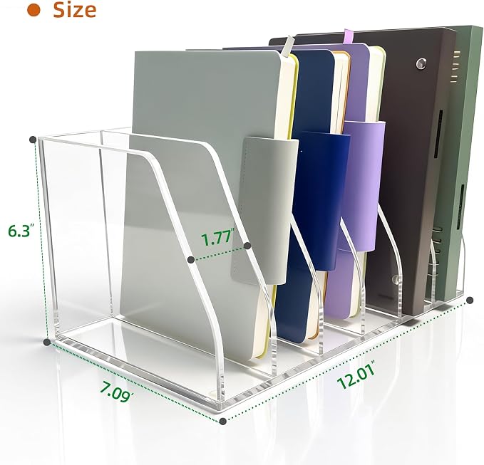 Clear Acrylic Magazine File Holder, 6 Compartment Desk Organizer | 6 spacious vertical compartments hold magazines, files, books & more. 5mm thick clear acrylic, non-slip base. No assembly.