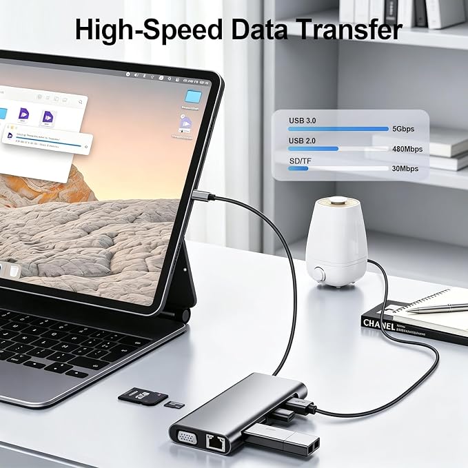 USB C Hub Multiport Adapter, 11 in 1 USB C Docking Station with 4K HDMI, 1080P VGA, 100W PD, USB 3.0, RJ45 Ethernet, TF/SD Card Reader, 3.5mm Audio, USBC Dongle for MacBook Pro/Air, Windows, Laptops