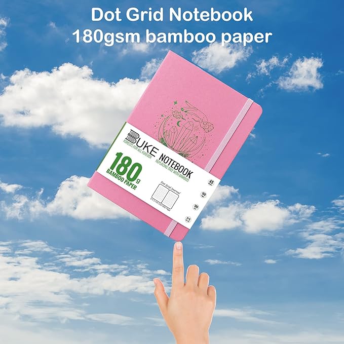 BUKE A5 Size Dotted Notebook Dot Grid Journal 180Gsm Bamboo White Supper Thick Paper, 5 * 5MM Dot Grid 160 Pages, Colored Silver Edges, Waterproof Fabric Hardcover