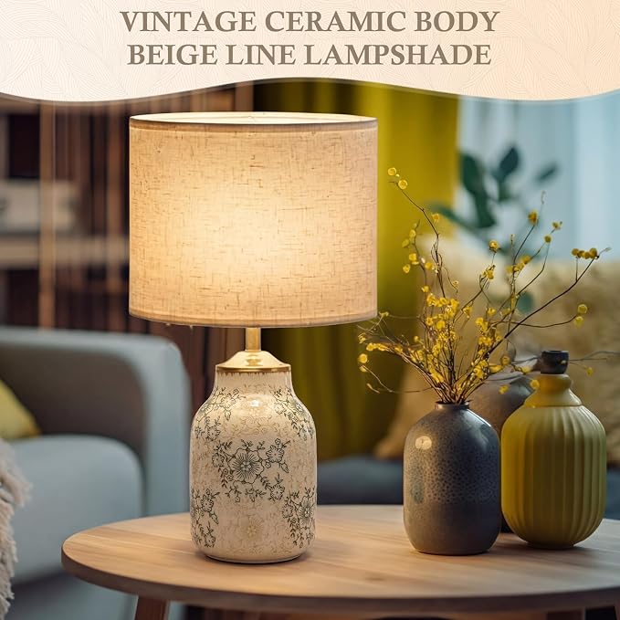 Tellingyou 1 Pcs 21" Farmhouse Green Ceramic Lamp with Beige Linen Shade Vintage Table Lamp Ice Cracked Chrysanthemum Floral for Bedroom Living Room Office Dorm Desk Table Rocker, Bulbs Not Included