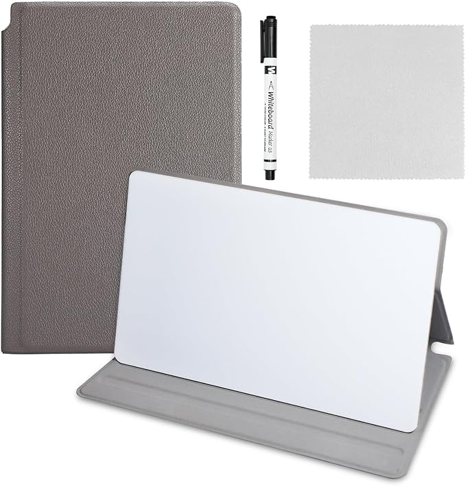 Portable Small Dry Erase Board with Stand, Reusable White Board Handheld Whiteboard Dry Erase Notebook, Standable Desktop Notepad, Home Office Study Essentials-PU Cover Writing Board 9.5" x 6.6"-Gray