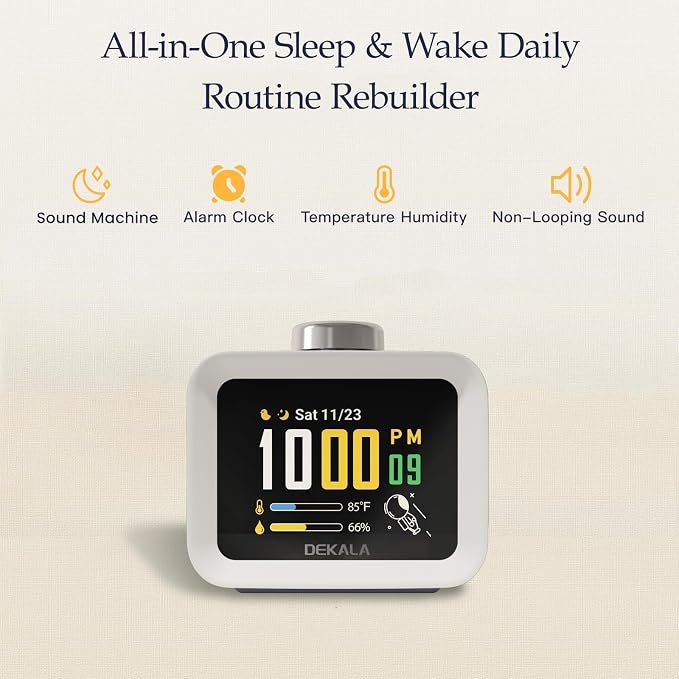 Dekala Alarm Clock for Bedrooms, 4 Alarms, 7-Day Programmable Loud Digital Clock for Heavy Sleepers with White Noise, Temperature & Humidity Display, IPS Animated Screen, Hourly Chime, White