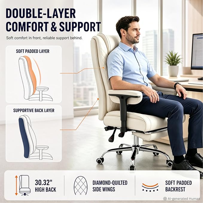 Big and Tall Office Chair Heavy Duty Wide Executive Office Chair(Beige) | Breathable Leather，Double-layered Backrest，Seat Cushion Designed of Deluxe Embroidery Leather，Foot Rest, Adjustable Armrests