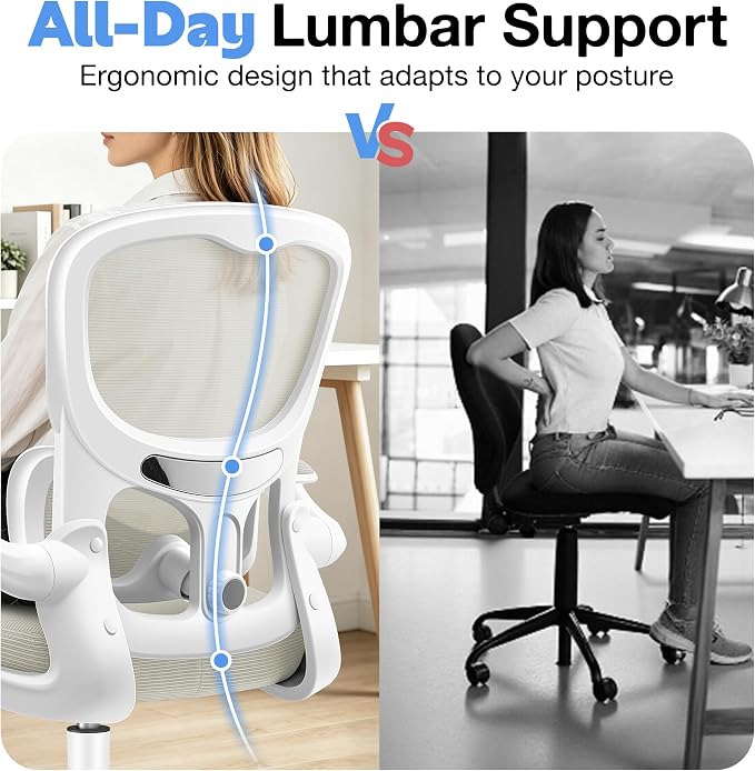 ALLGOD Ergonomic Office Chair, Breathable Mesh Ergonomic Desk Chair with Adjustable Lumbar Support, Flip-up Armrests, Computer Chairs Comfortable for Home, Office, Work, 300lbs, White, Upgrade