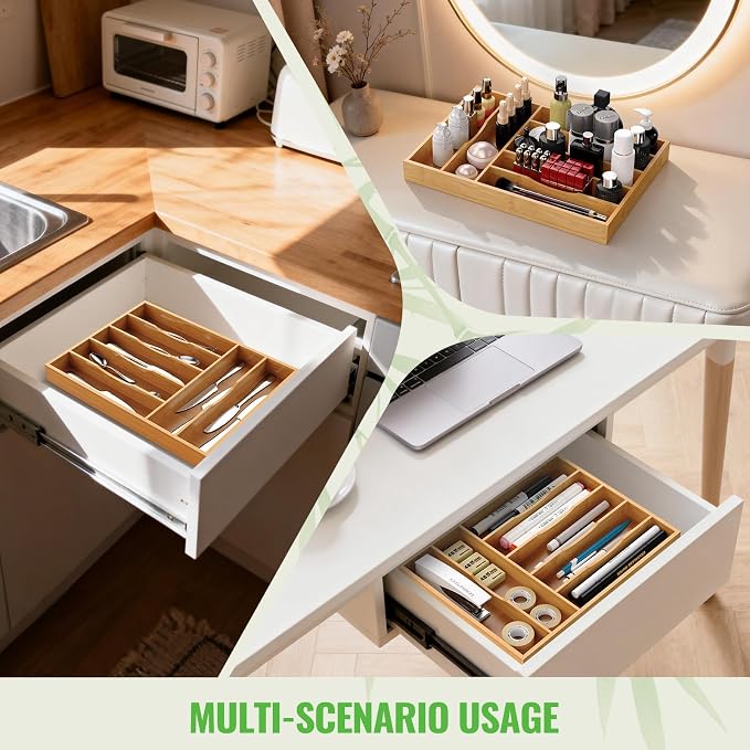 Bamboo Silverware Organizer, 12 Inch Bamboo Kitchen Drawer Cutlery Organizer, Utensil Holder, Flatware Organizer Tray (15.8"x11.9"x1.6")