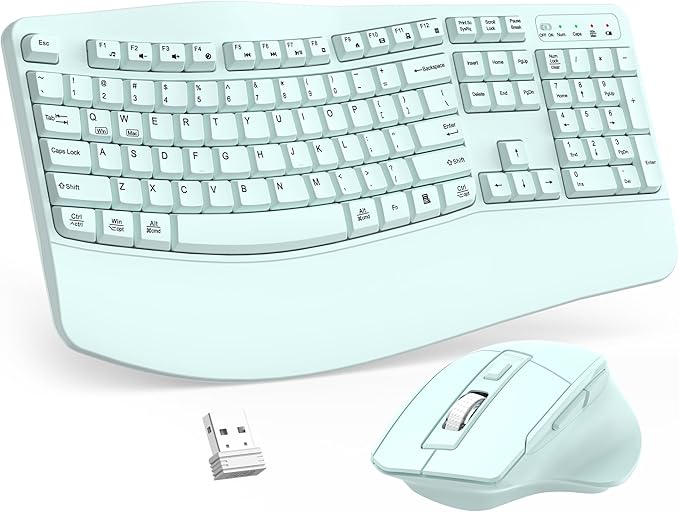 Wireless Keyboard and Mouse Combo, 2.4G Full Size Wave Keys Ergonomic Keyboard with Wrist Rest and 3-Level DPI Adjustable Wireless Ergonomic Mouse for Windows, Mac OS Desktop/Laptop/PC(Mint Green)
