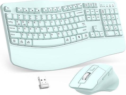 Wireless Keyboard and Mouse Combo, 2.4G Full Size Wave Keys Ergonomic Keyboard with Wrist Rest and 3-Level DPI Adjustable Wireless Ergonomic Mouse for Windows, Mac OS Desktop/Laptop/PC(Mint Green)