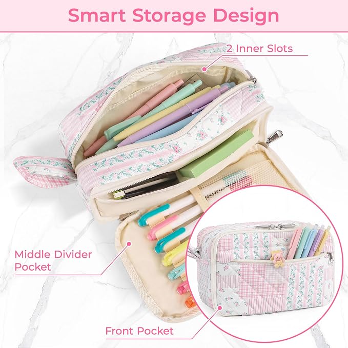 WOBAGMEN 62PCS Aesthetic School Supplies with Quilted Pencil Case, Pastel Highlighters, Gel Pens Mechanical Pencils Set, Cute Back to School Supplies, College Essentials (Pink Floral Patchwork, M)