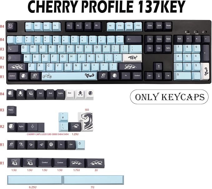 JSJT Sky and Blue Keycaps -Custom Keycap137 Keys PBT Dye Sublimation Cherry Profile Keycaps for ANSI/ISO Layout rk61/64/68/84/980/104 MX Switches Mechanical Keyboards